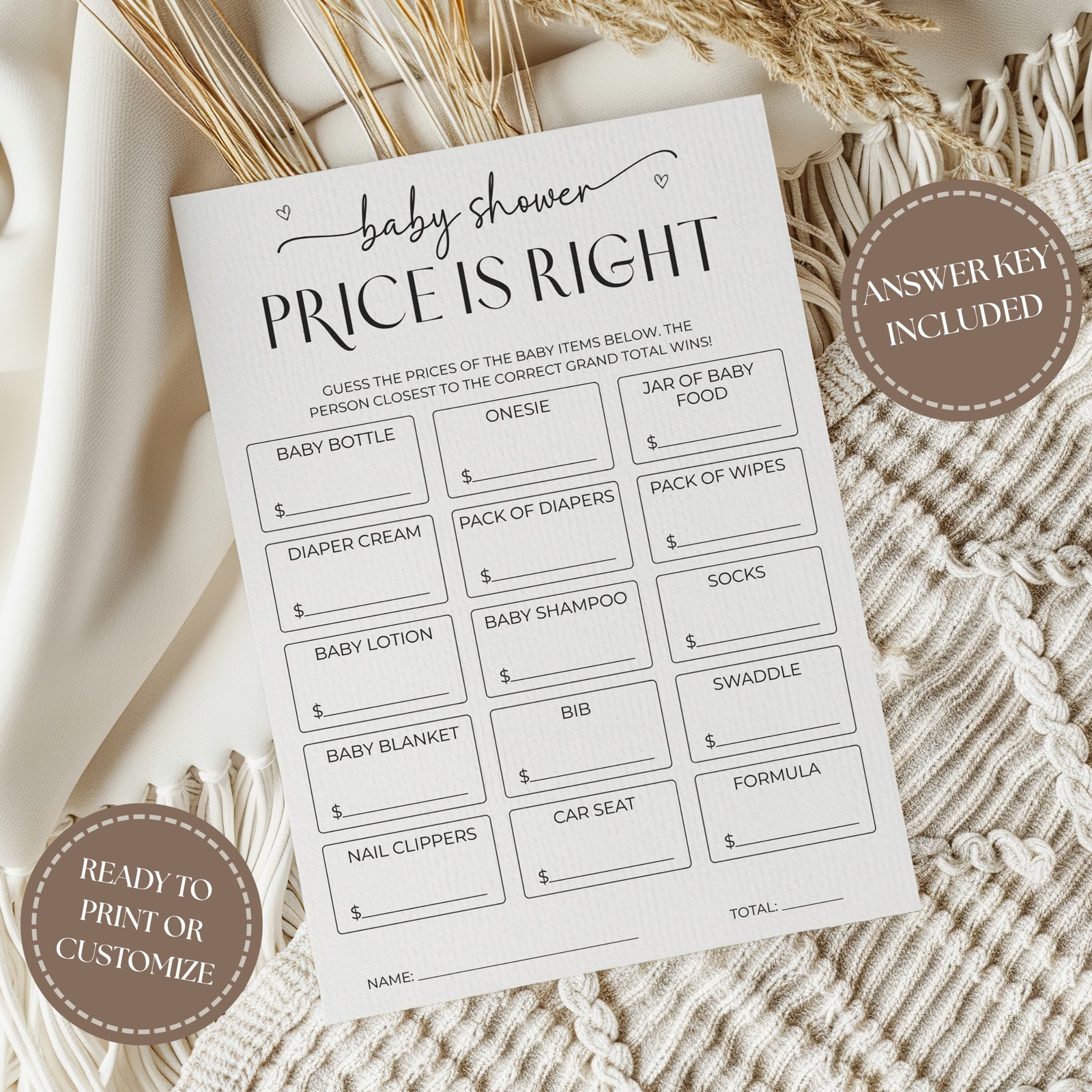 Printable baby shower price-guessing game styled on a neutral textile background