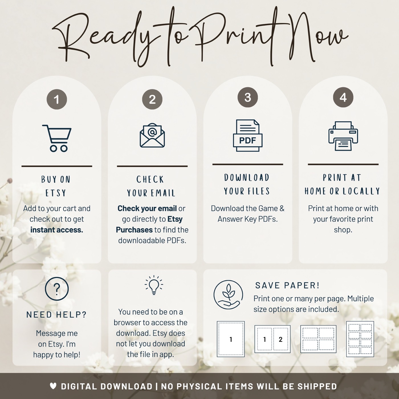 Illustrated steps for downloading and printing a digital baby shower game